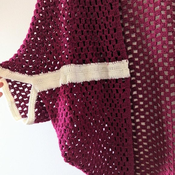 VINTAGE Burgundy Knit Shawl  Short Sleeve Shawl Cardigan Boho Hippie Festival - Picture 5 of 6